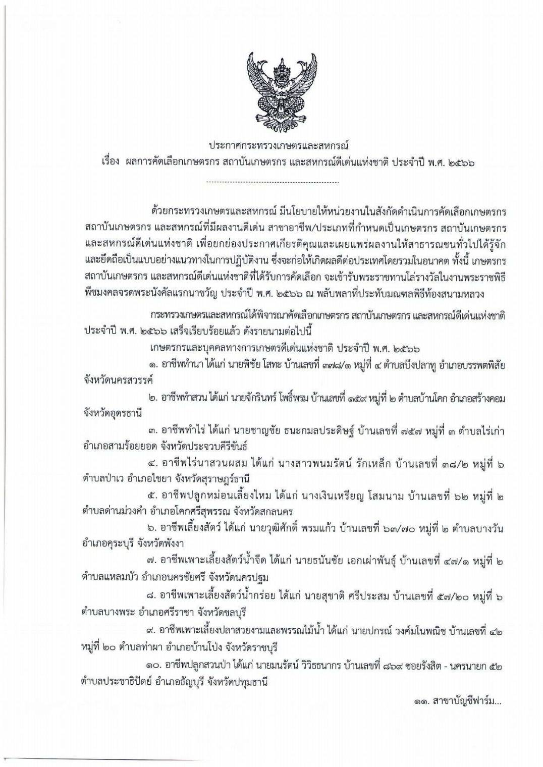 ประกาศผลการคัดเลือกเกษตรกร สถาบันเกษตรกร และสหกรณ์ดีเด่นแห่งชาติ ประจำปี พ.ศ.2566