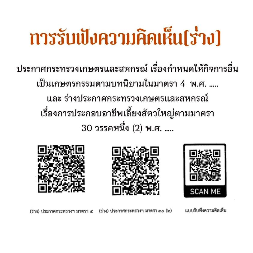 การรับฟังความคิดเห็น(ร่าง) ประกาศกระทรวงเกษตรและสหกรณ์  เรื่องกำหนดให้กิจการอื่นเป็นเกษตรกรรมตามบทนิยามในมาตรา 4 พ.ศ..... และ ร่างประกาศกระทรวงเกษตรและสหกรณ์ เรื่องการประกอบอาชีพเลี้ยงสัตวใหญ่ตามมาตรา 30 วรรคหนึ่ง (2) พ.ศ.....