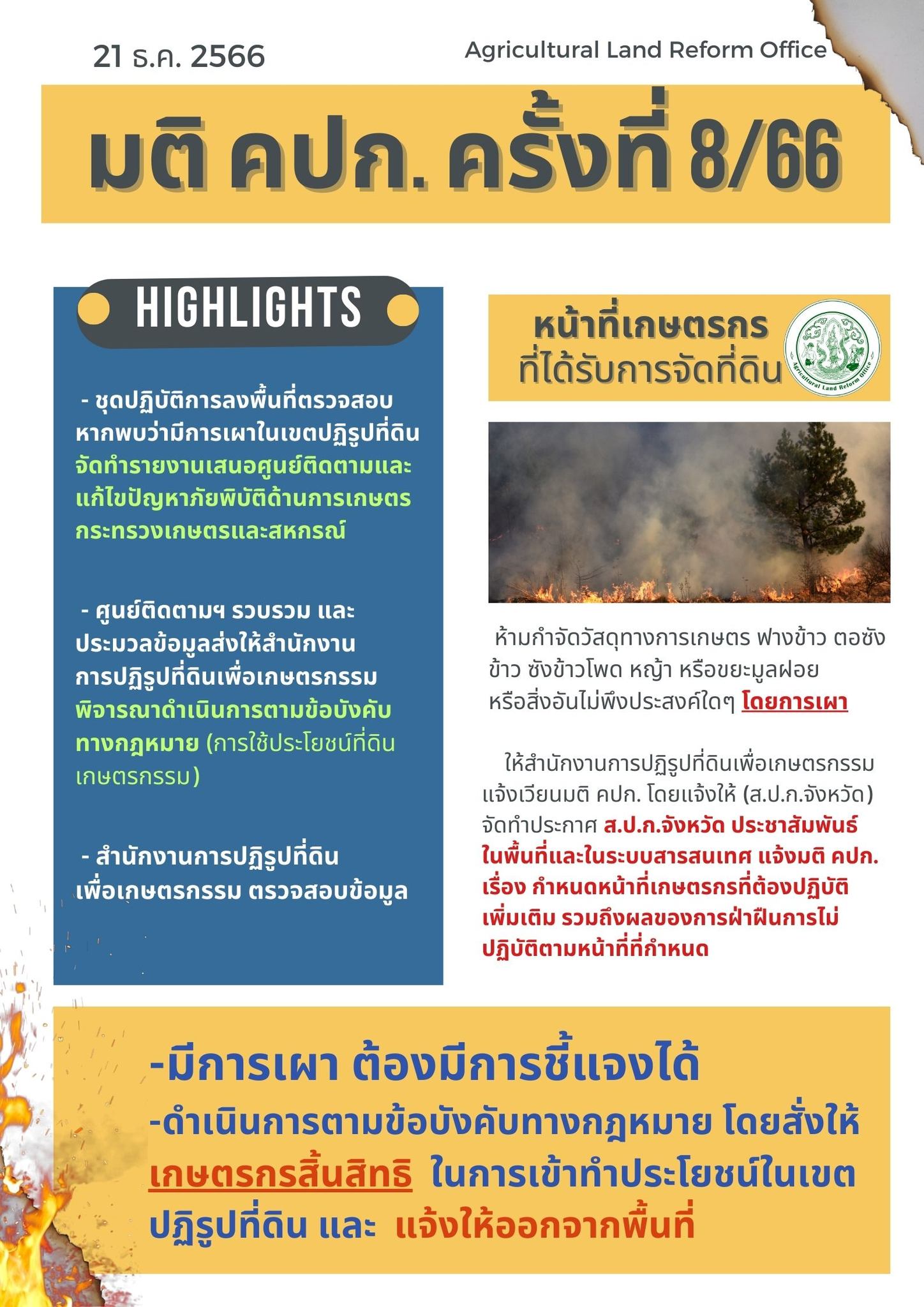 คปก. ใช้ยาแรงห้ามเกษตรกรในเขตปฏิรูปฯ เผาเศษวัสดุทางการเกษตร ฝ่าฝืนเพิกถอนสิทธิทันที