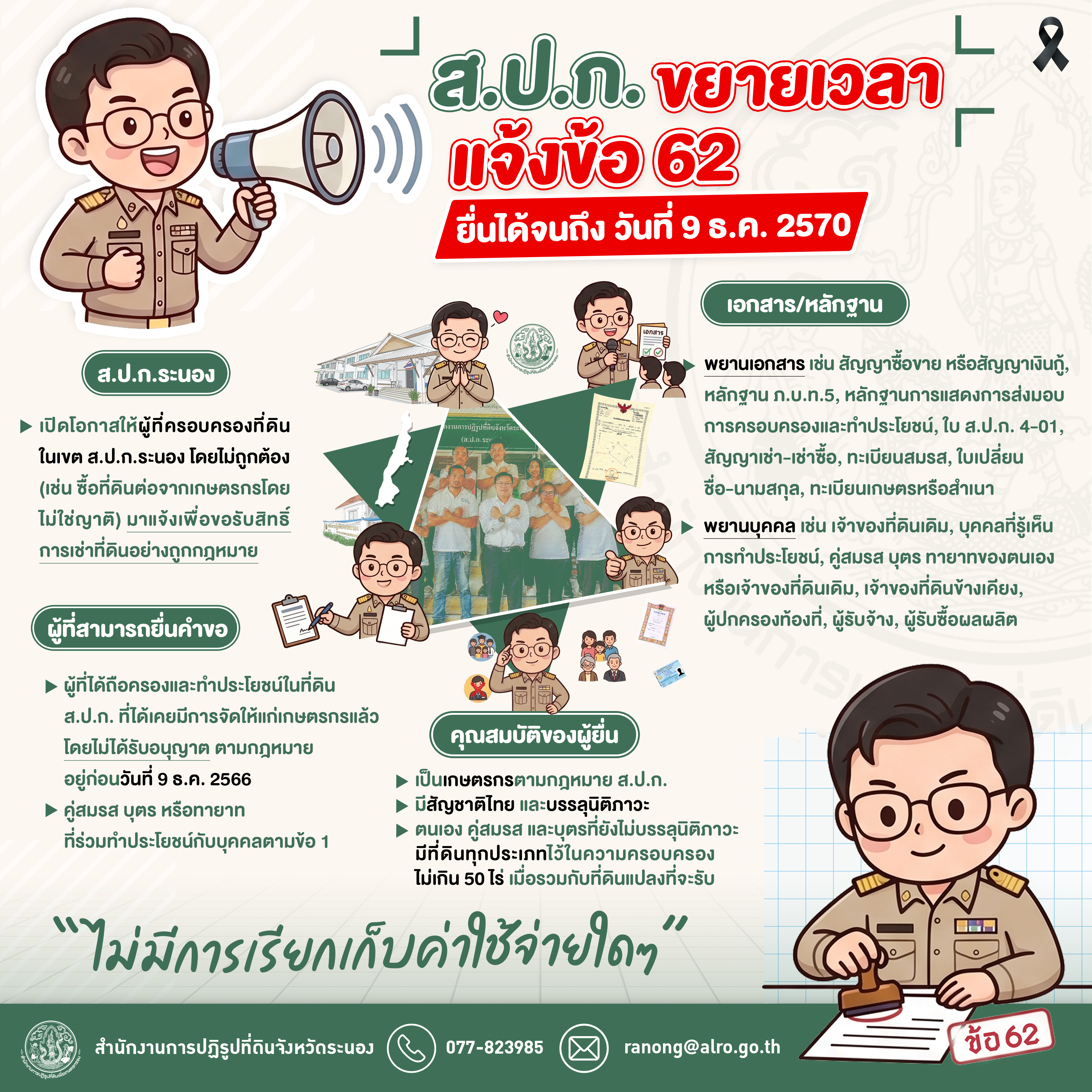 ส.ป.ก. เปิดโอกาสให้ผู้ครอบครองที่ดินโดยไม่ถูกต้อง มาขอรับสิทธิ์ที่ดินอย่างถูกกฎหมาย (แจ้งข้อ 62)