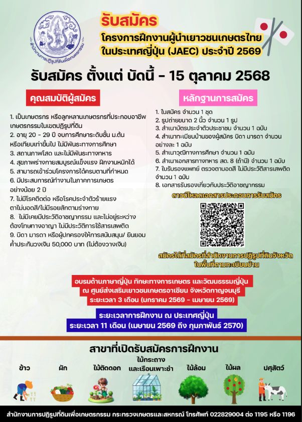รับสมัครเยาวชนเกษตรในเขตปฏิรูปที่ดินเข้าร่วมโครงการฝึกงานผู้นำเยาวชนเกษตรไทยในประเทศญี่ปุ่น ปีงบประมาณ พ.ศ.2569