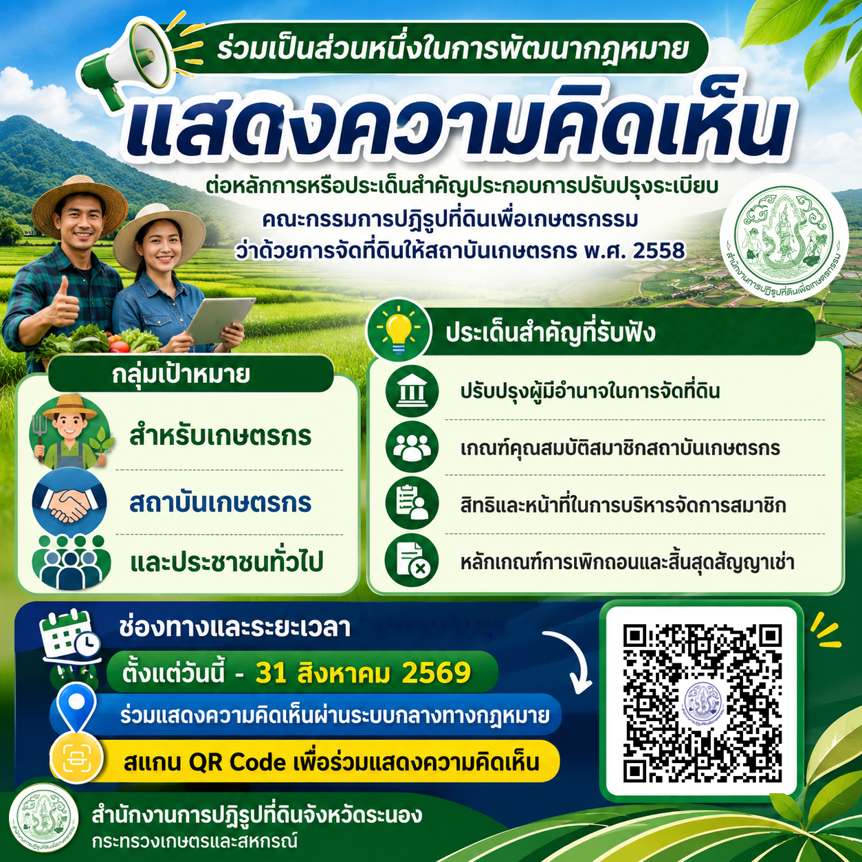 title - ร่วมแสดงความคิดเห็นต่อหลักการหรือประเด็นสำคัญประกอบการปรับปรุงระเบียบคณะกรรมการปฏิรูปที่ดินเพื่อเกษตรกรรมว่าด้วยการจัดที่ดินให้สถาบันเกษตรกร พ.ศ. 2558