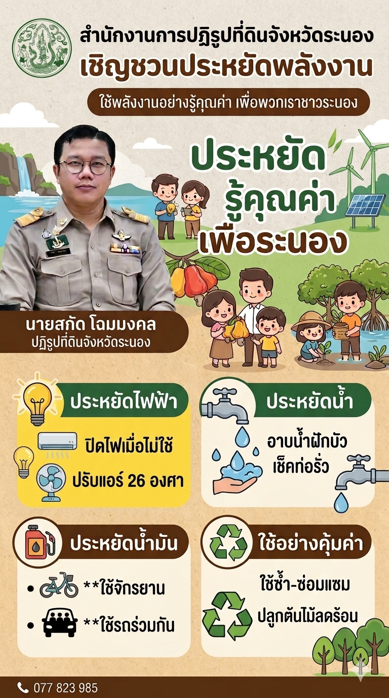 title - ส.ป.ก.ระนอง เชิญชวนประหยัดพลังงาน