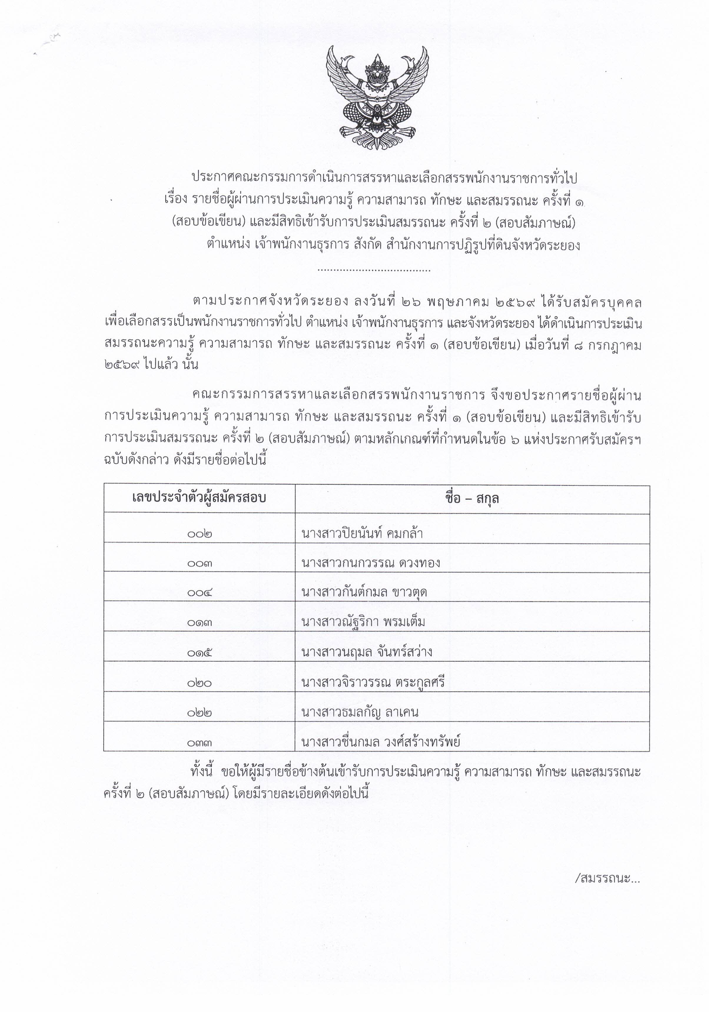 title - ประกาศคณะกรรมการดำเนินการสรรหาและเลือกสรรพนักงางานราชการทั่ว) เรื่อง รายชื่อผู้ผ่านการประเมินความรู้ ความสามกรถ ทักษะ และสมรรถนะ ครั้งที่ 1 (สอบข้อเขียน) และมีสิทธิเข้ารับการประเมินสมรรถนะ ครั้งที่ 2 (สอบสัมภาษณ์) ตำแหน่ง เจ้าพนักงานธุรการ สังกัด สำนักงานการปฏิรปฏิรูปที่ดินจังหวัดระยอง
