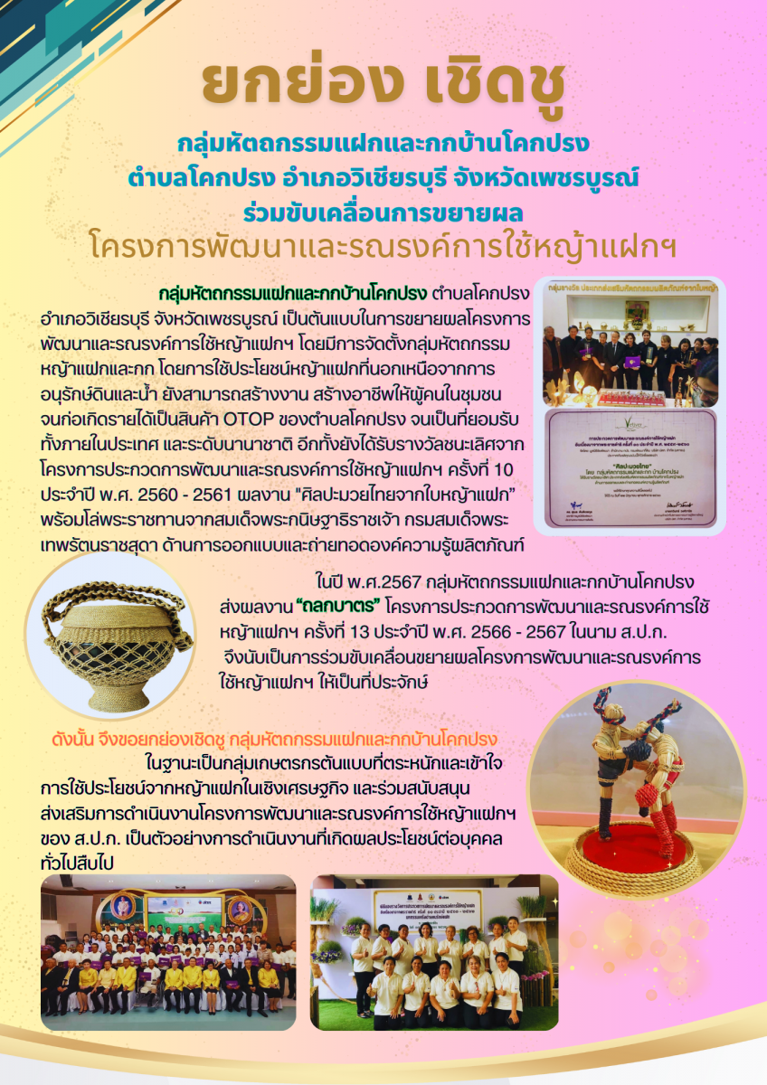กองประสานงานโครงการพระราชดำริและโครงการพิเศษ ขอยกย่อง เชิดชู กลุ่มหัตถกรรมแฝกและกกบ้านโคกปรง จังหวัดเพชรบูรณ์ ในฐานะเป็นกลุ่มเกษตรกรต้นแบบที่ตระหนักและเข้าใจการใช้ประโยชน์จากหญ้าแฝกในเชิงเศรษฐกิจ และร่วมสนับสนุนส่งเสริมการดำเนินงานโครงการพัฒนาและรณรงค์การใช้หญ้าแฝกอันเนื่องมาจากพระราชดำริของ ส.ป.ก. เป็นตัวอย่างการดำเนินงานที่เกิดผลประโยชน์ต่อบุคคลทั่วไปสืบไป