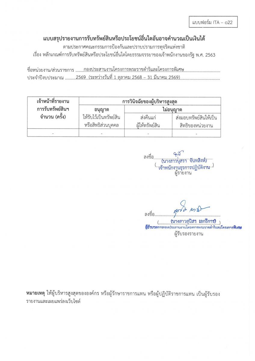 รายงานการรับทรัพย์สินหรือประโยชน์อื่นใดอันอาจคำนวณเป็นเงินได้ 1 ต.ค. 68- 31 มี.ค. 69