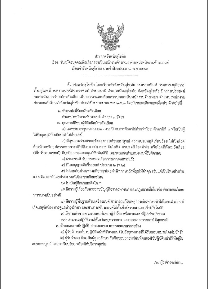ประกาศจังหวัดสุโขทัย เรื่อง รับสมัครบุคคลเพื่อเลือกสรรเป็นพนักงานจ้างเหมา ตำแหน่ง พนักงานขับรถยนต์เรือนจำจังหวัดสุโขทัย ประจำปีงบประมาณ พ.ศ.2566
