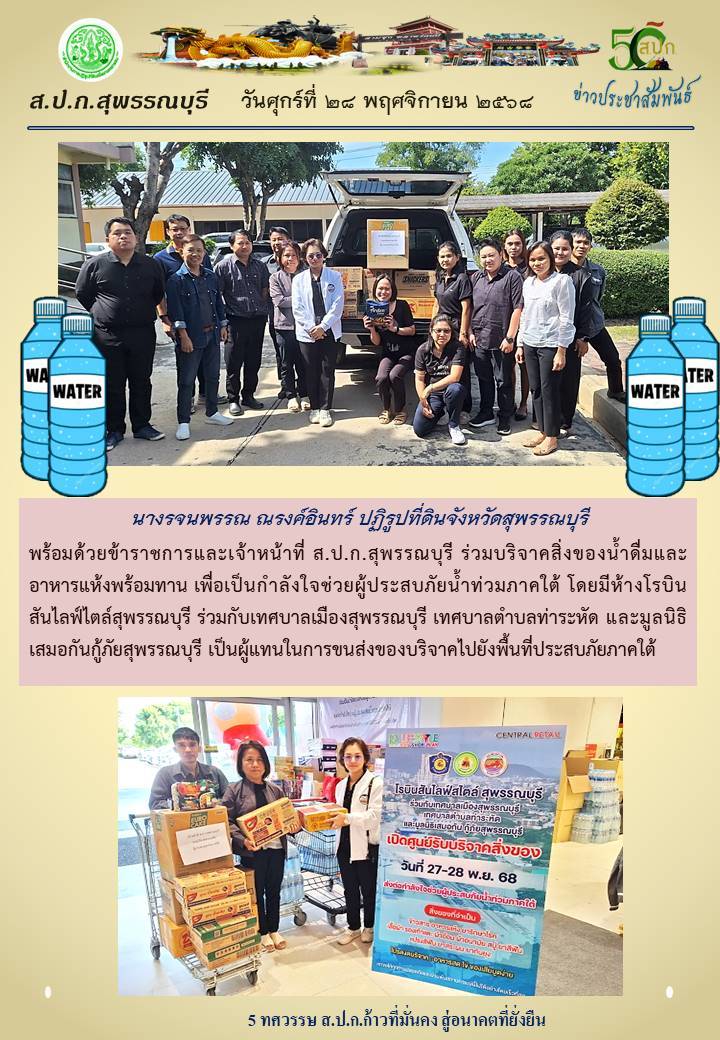 ภาพข่าว ส.ป.ก.สุพรรณบุรี ร่วมบริจาคสิ่งของน้ำดื่มและอาหารแห้งพร้อมทาน เพื่อเป็นกำลังใจช่วยผู้ประสบภัยน้ำท่วมภาคใต้