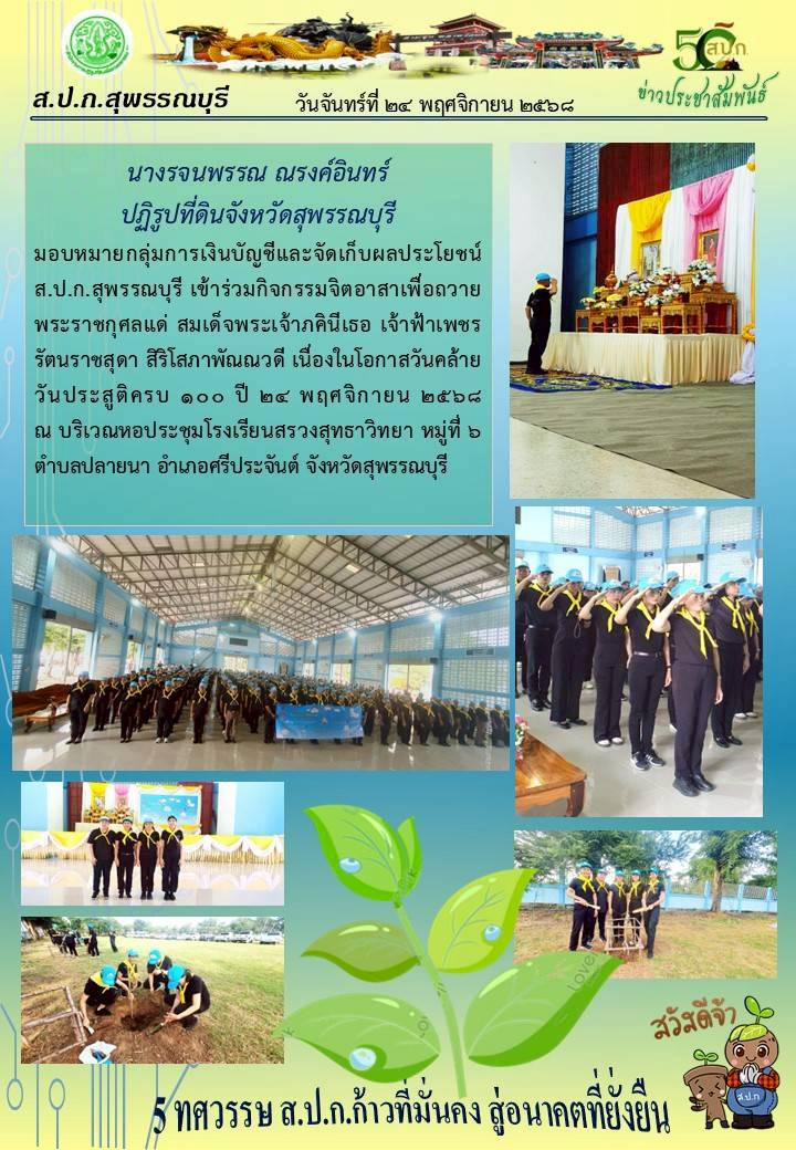 ภาพข่าว ส.ป.ก.สุพรรณบุรี เข้าร่วมกิจกรรมจิตอาสาเพื่อถวายเป็นพระราชกุศลแด่ สมเด็จพระเจ้าภคินีเธอ เจ้าฟ้าเพชรรัตนราชสุดาฯ เนื่องในโอกาสวันคล้ายวันประสูติครบ 100 ปี  24 พฤศจิกายน