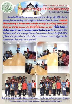 จ่ายสินเชื่อให้แก่เกษตรกรหมู่ 2 ต.นิคมกระเสียว อ.ด่านช้าง และหมู่ 6 ต.บางใหญ่ อ.บางปลาม้า จำนวน 17 ราย ๆ ละ 50,000 บาท เป็นเงินทัั้ั้งสิ้น 580,000 บาท