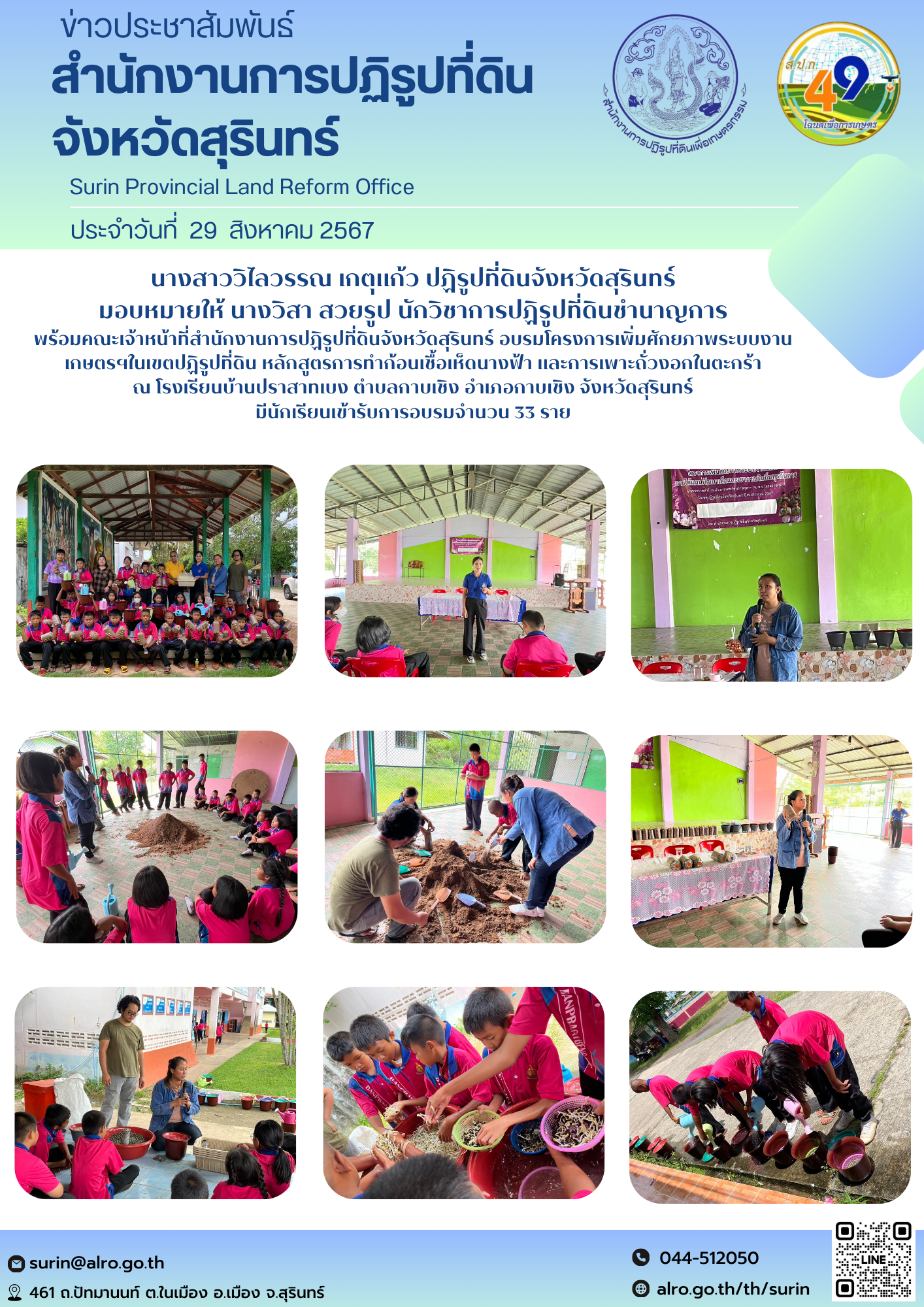 วันที่ 29 สิงหาคม 2567 นางสาววิไลวรรณ เกตุแก้ว ปฏิรูปที่ดินจังหวัดสุรินทร์ มอบหมายให้ นางวิสา สวยรูป นักวิชาการปฏิรูปที่ดินชำนาญการ พร้อมคณะเจ้าหน้าที่สำนักงานการปฏิรูปที่ดินจังหวัดสุรินทร์ อบรมโครงการเพิ่มศักยภาพระบบงานเกษตรฯในเขตปฏิรูปที่ดิน หลักสูตรการทำก้อนเชื้อเห็ดนางฟ้า และการเพาะถั่วงอกในตะกร้า  ณ โรงเรียนบ้านปราสาทเบง ตำบลกาบเชิง อำเภอกาบเชิง จังหวัดสุรินทร์  มีนักเรียนเข้ารับการอบรมจำนวน 33 ราย