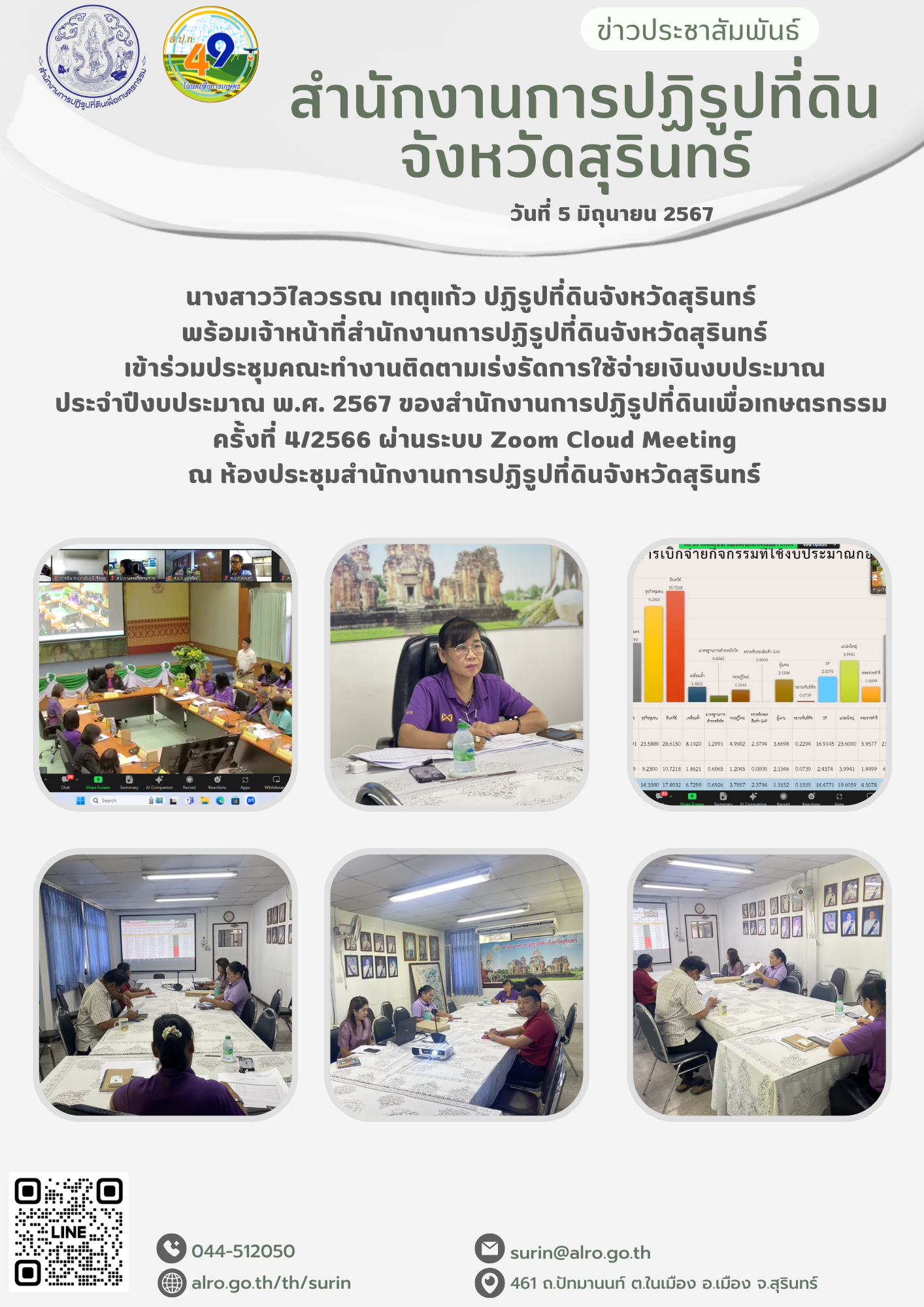 วันที่ 5 มิถุนายน 2567 นางสาววิไลวรรณ เกตุแก้ว ปฏิรูปที่ดินจังหวัดสุรินทร์  พร้อมเจ้าหน้าที่สำนักงานการปฏิรูปที่ดินจังหวัดสุรินทร์ เข้าร่วมประชุมคณะทำงานติดตามเร่งรัดการใช้จ่ายเงินงบประมาณ ประจำปีงบประมาณ พ.ศ. 2567 ของสำนักงานการปฏิรูปที่ดินเพื่อเกษตรกรรม ครั้งที่ 4/2566 ผ่านระบบ Zoom Cloud Meeting ณ ห้องประชุมสำนักงานการปฏิรูปที่ดินจังหวัดสุรินทร์