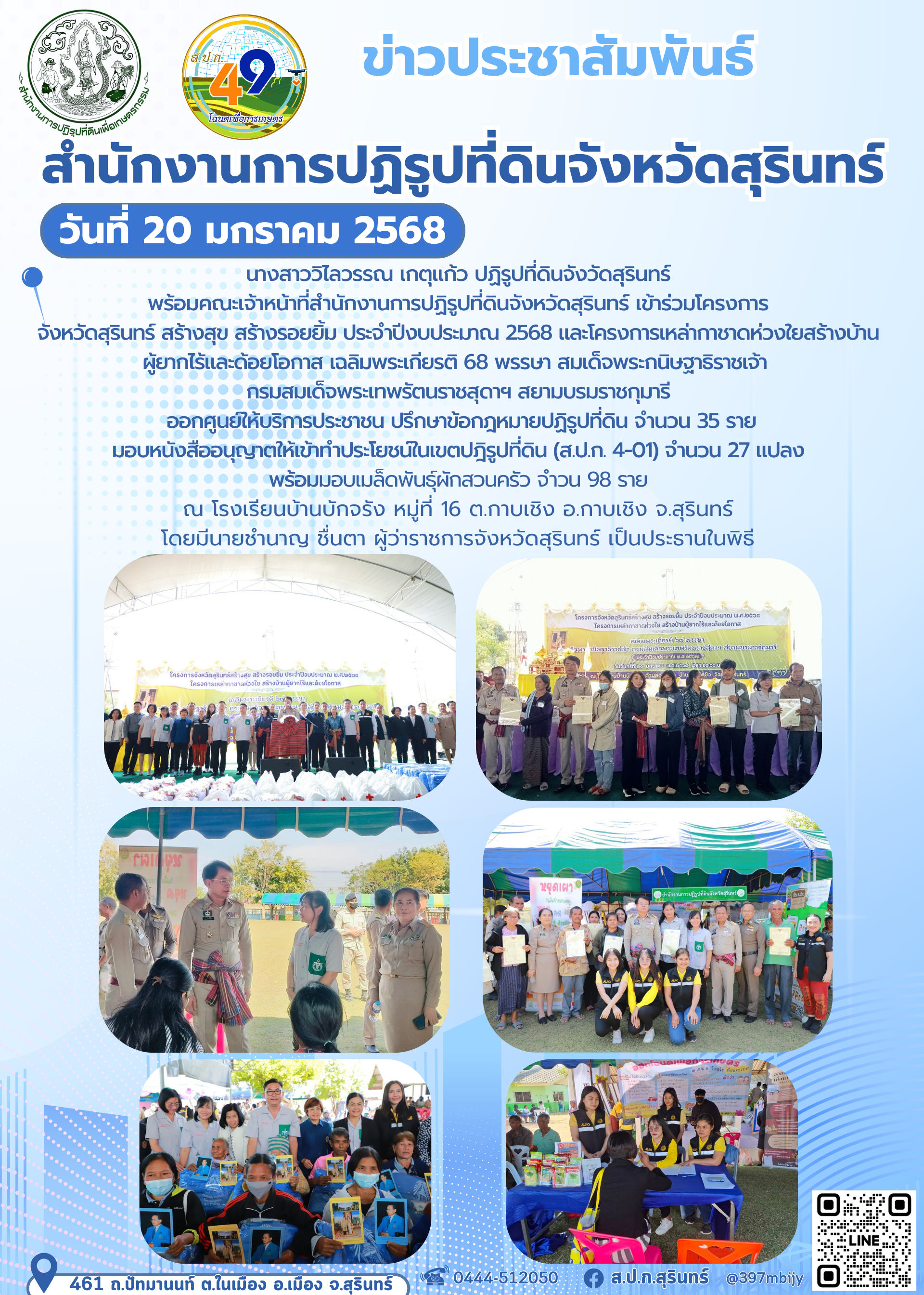 วันที่ 20 มกราคม 2568 นางสาววิไลวรรณ เกตุแก้ว ปฏิรูปที่ดินจังวัดสุรินทร์  พร้อมคณะเจ้าหน้าที่สำนักงานการปฏิรูปที่ดินจังหวัดสุรินทร์ เข้าร่วมโครงการ  จังหวัดสุรินทร์ สร้างสุข สร้างรอยยิ้ม ประจำปีงบประมาณ 2568 และโครงการเหล่ากาชาดห่วงใยสร้างบ้าน ผู้ยากไร้และด้อยโอกาส เฉลิมพระเกียรติ 68 พรรษา สมเด็จพระกนิษฐาธิราชเจ้า  กรมสมเด็จพระเทพรัตนราชสุดาฯ สยามบรมราชกุมารี  ออกศูนย์ให้บริการประชาชน ปรึกษาข้อกฎหมายปฏิรูปที่ดิน จำนวน 35 ราย  มอบหนังสืออนุญาตให้เข้าทำประโยชน์ในเขตปฎิรูปที่ดิน (ส.ป.ก. 4-01) จำนวน 27 แปลง  พร้อมมอบเมล็ดพันธุ์ผักสวนครัว จำวน 98 ราย ณ โรงเรียนบ้านบักจรัง หมู่ที่ 16 ต.กาบเชิง อ.กาบเชิง จ.สุรินทร์ โดยมีนายชำนาญ ชื่นตา ผู้ว่าราชการจังหวัดสุรินทร์ เป็นประธานในพิธี
