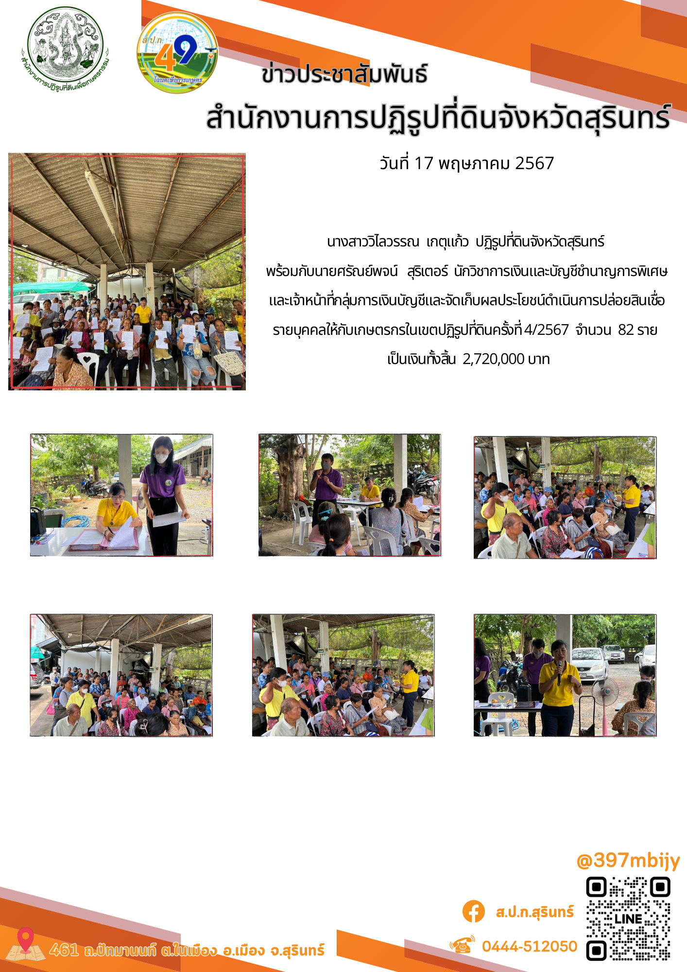 ส.ป.ก.สุรินทร์ ได้ดำเนินการปล่อยสินเชื่อรายบุคคลให้กับเกษตรกรในเขตปฏิรูปที่ดินครั้งที่ 4/2567  จำนวน  82 ราย   เป็นเงินทั้งสิ้น  2,720,000 บาท