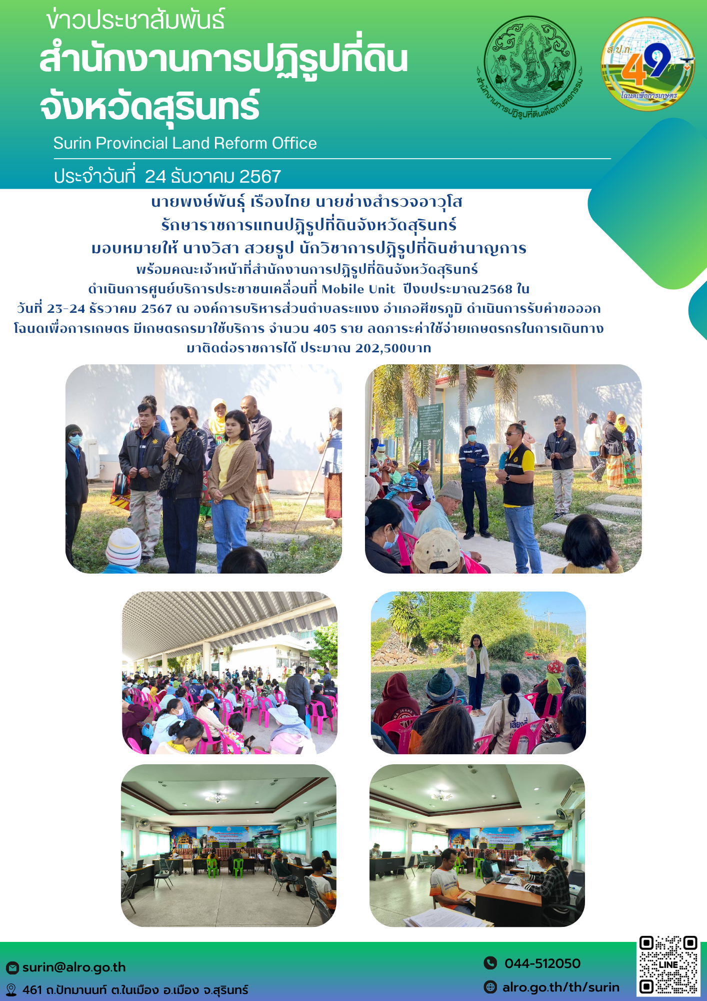 วันที่ 24 ธันวาคม 2567 นายพงษ์พันธุ์ เรืองไทย นายช่างสำรวจอาวุโส  รักษาราชการแทนปฏิรูปที่ดินจังหวัดสุรินทร์ มอบหมายให้ นางวิสา สวยรูป นักวิชาการปฏิรูปที่ดินชำนาญการ พร้อมคณะเจ้าหน้าที่สำนักงานการปฏิรูปที่ดินจังหวัดสุรินทร์  ดำเนินการศูนย์บริการประชาชนเคลื่อนที่ Mobile Unit  ปีงบประมาณ2568 ใน วันที่ 23-24 ธัรวาคม 2567 ณ องค์การบริหารส่วนตำบลระแงง อำเภอศีขรภูมิ ดำเนินการรับคำขอออกโฉนดเพื่อการเกษตร มีเกษตรกรมาใช้บริการ จำนวน 405 ราย ลดภาระค่าใช้จ่ายเกษตรกรในการเดินทางมาติดต่อราชการได้ ประมาณ 202,500บาท