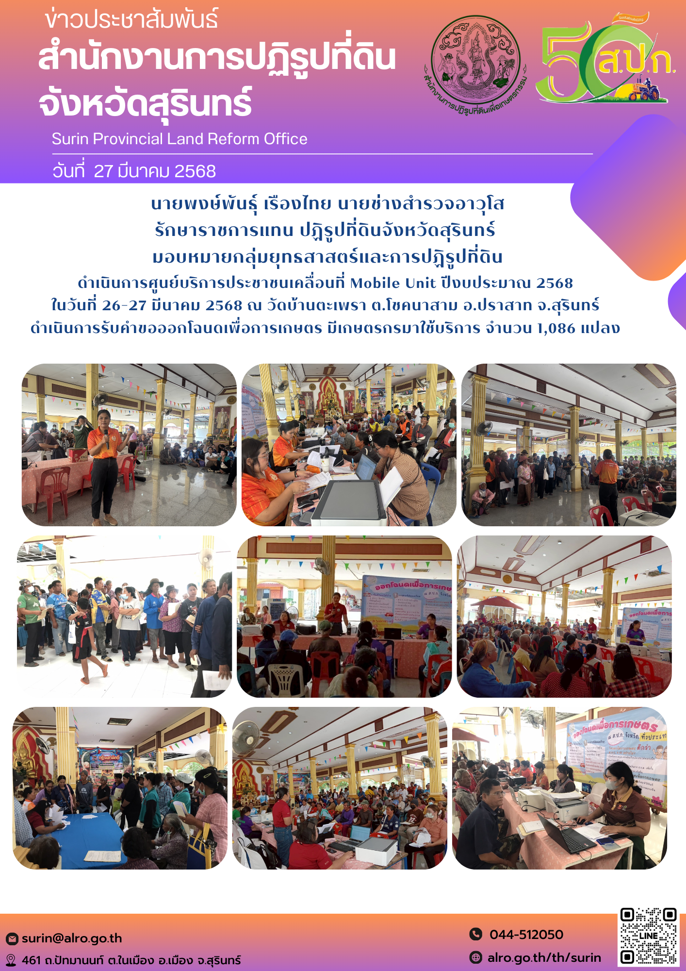 วันที่ 27 มีนาคม 2568 นายพงษ์พันธุ์ เรืองไทย นายช่างสำรวจอาวุโส รักษาราชการแทน ปฏิรูปที่ดินจังหวัดสุรินทร์  มอบหมายกลุ่มยุทธสาสตร์และการปฏิรูปที่ดิน ดำเนินการศูนย์บริการประชาชนเคลื่อนที่ Mobile Unit ปีงบประมาณ 2568  ในวันที่ 26-27 มีนาคม 2568 ณ วัดบ้านตะเพรา ต.โชคนาสาม อ.ปราสาท จ.สุรินทร์  ดำเนินการรับคำขอออกโฉนดเพื่อการเกษตร มีเกษตรกรมาใช้บริการ จำนวน 1,086 แปลง 