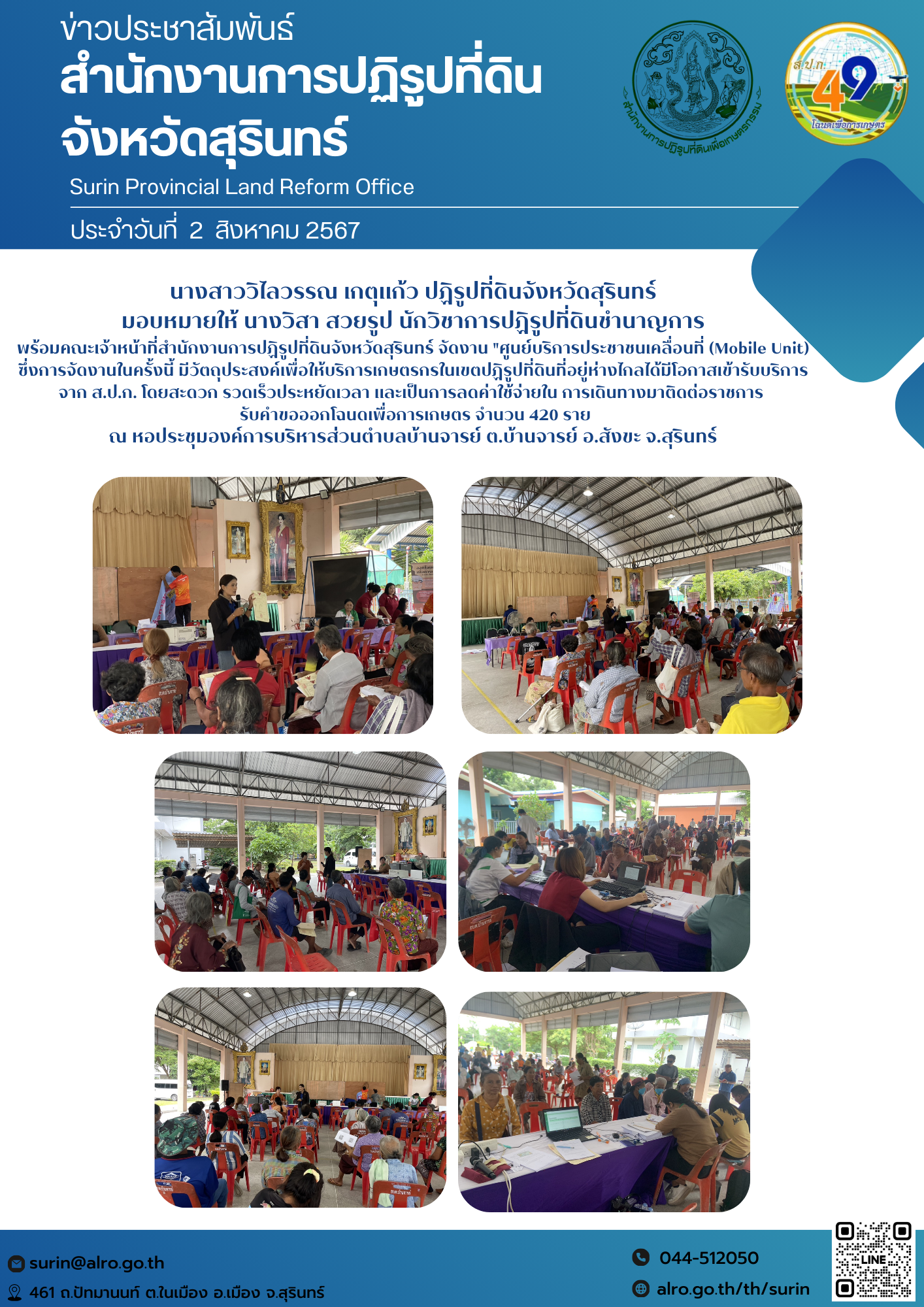 วันที่ 2 สิงหาคม 2567 นางสาววิไลวรรณ เกตุแก้ว ปฏิรูปที่ดินจังหวัดสุรินทร์ มอบหมายให้ นางวิสา สวยรูป นักวิชาการปฏิรูปที่ดินชำนาญการ พร้อมคณะเจ้าหน้าที่สำนักงานการปฏิรูปที่ดินจังหวัดสุรินทร์ จัดงาน 