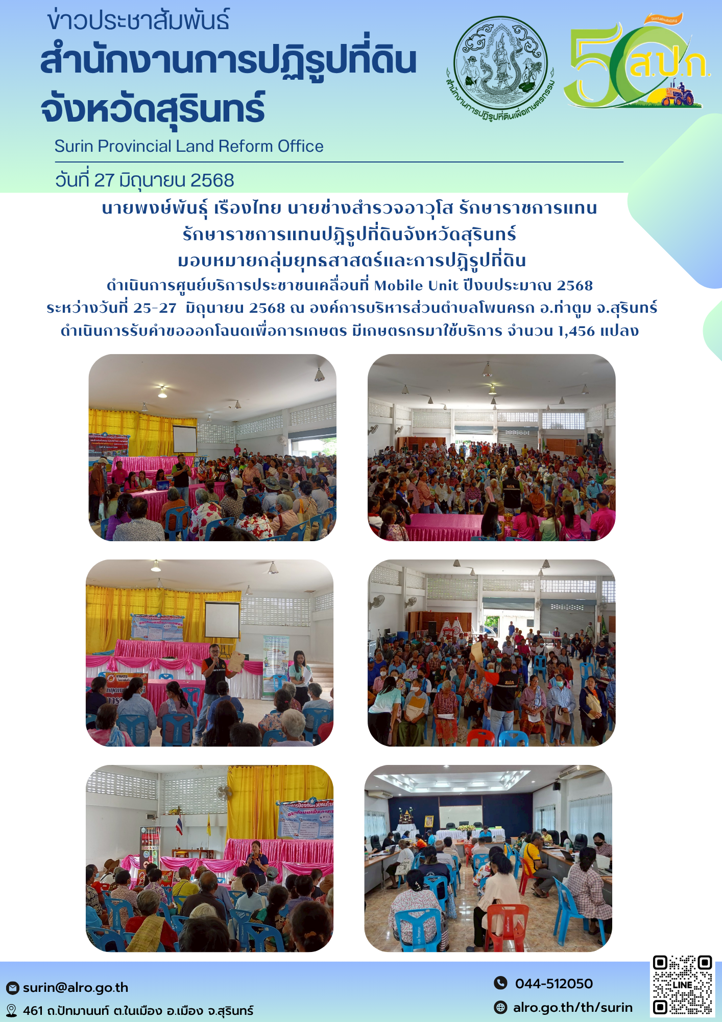 วันที่ 27 มิถุนายน 2568 นายพงษ์พันธุ์ เรืองไทย นายช่างสำรวจอาวุโส รักษาราชการแทน  รักษาราชการแทนปฏิรูปที่ดินจังหวัดสุรินทร์  มอบหมายกลุ่มยุทธสาสตร์และการปฏิรูปที่ดิน ดำเนินการศูนย์บริการประชาชนเคลื่อนที่ Mobile Unit ปีงบประมาณ 2568  ระหว่างวันที่ 25-27  มิถุนายน 2568 ณ องค์การบริหารส่วนตำบลโพนครก อ.ท่าตูม จ.สุรินทร์ ดำเนินการรับคำขอออกโฉนดเพื่อการเกษตร มีเกษตรกรมาใช้บริการ จำนวน 1,456 แปลง 