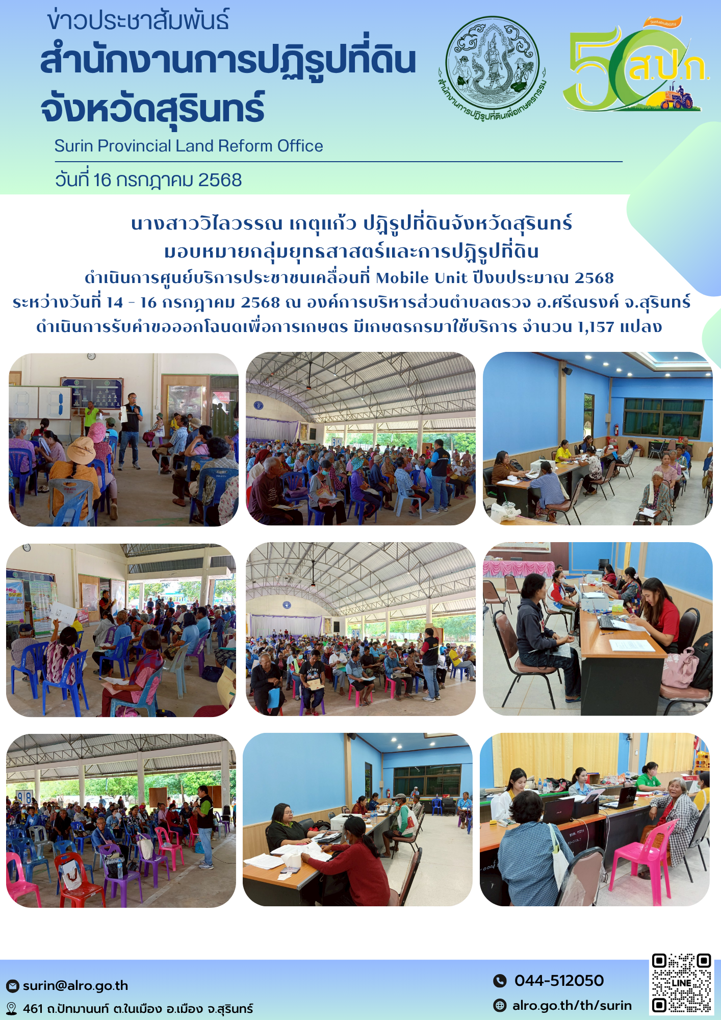 วันที่ 16 กรกฎาคม 2568 นางสาววิไลวรรณ เกตุแก้ว ปฏิรูปที่ดินจังหวัดสุรินทร์ มอบหมายกลุ่มยุทธสาสตร์และการปฏิรูปที่ดิน ดำเนินการศูนย์บริการประชาชนเคลื่อนที่ Mobile Unit ปีงบประมาณ 2568  ระหว่างวันที่ 14 - 16 กรกฎาคม 2568 ณ องค์การบริหารส่วนตำบลตรวจ อ.ศรีณรงค์ จ.สุรินทร์ ดำเนินการรับคำขอออกโฉนดเพื่อการเกษตร มีเกษตรกรมาใช้บริการ จำนวน 1,157 แปลง 