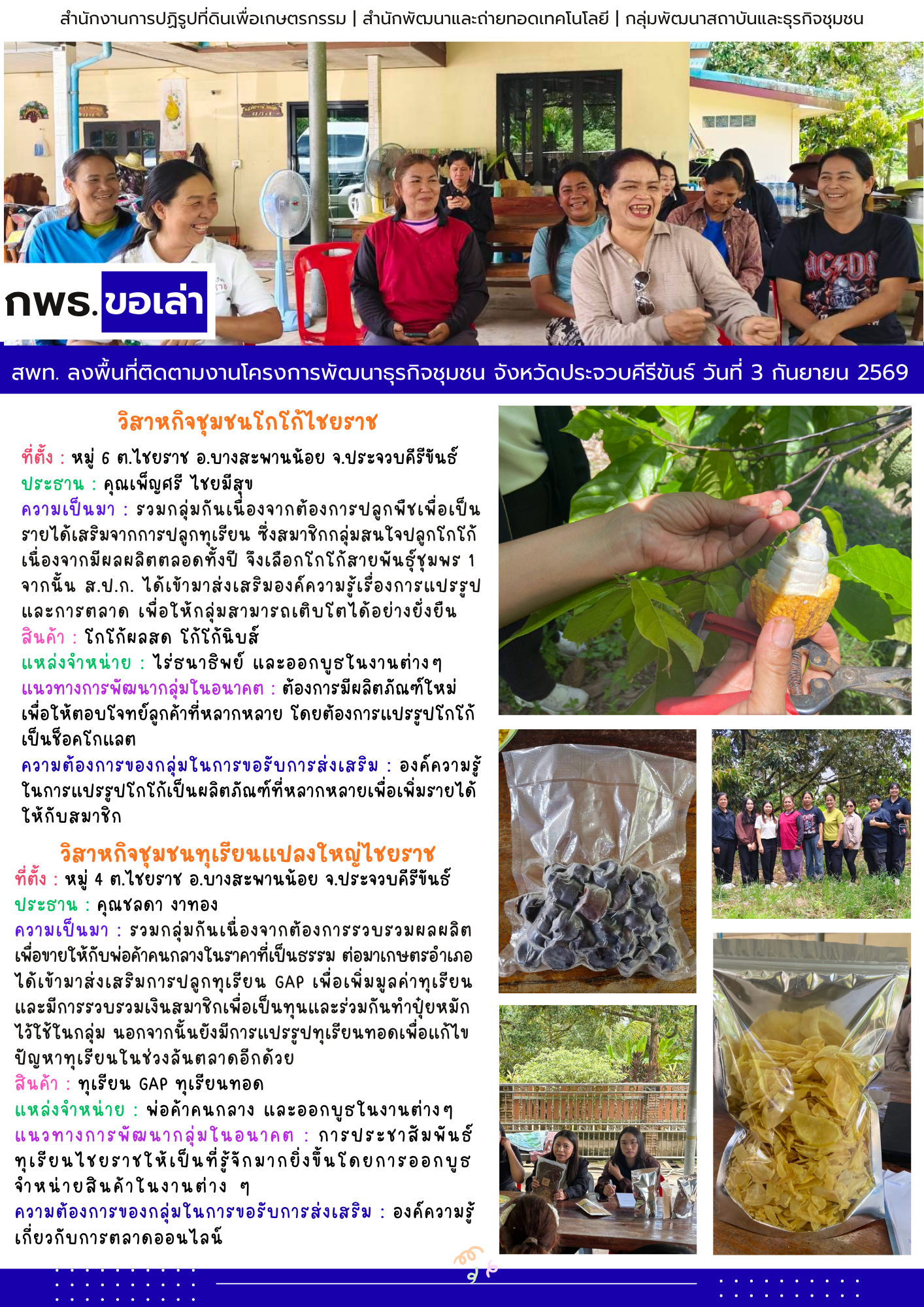 title - สพท. ลงพื้นที่ติดตามงานโครงการพัฒนาธุรกิจชุมชน อ.ไชยราช จ.ประจวบคีรีขันธ์