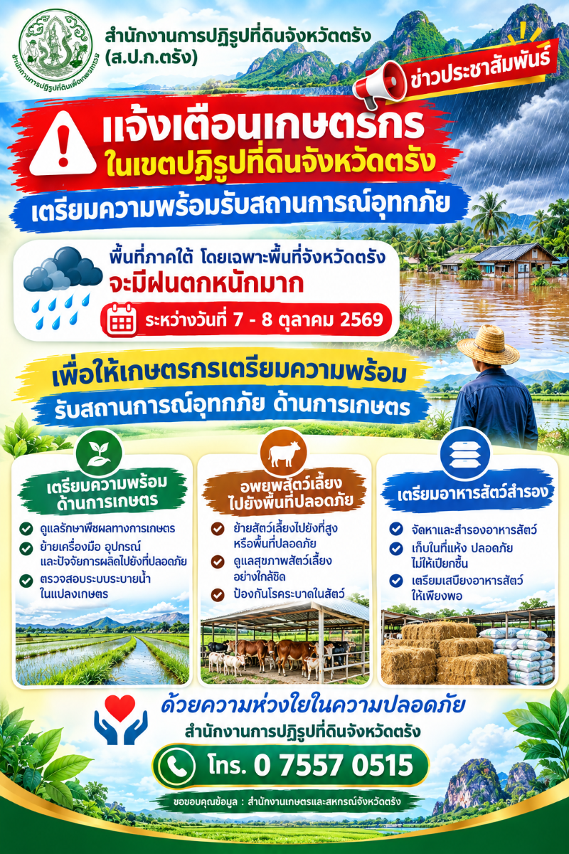 แจ้งเตือนเกษตรกรในเขตปฏิรูปที่ดินจังหวัดตรัง เตรียมความพร้อมรับสถานกาณณ์อุทกภัย ระวังฝนตกหนัก ระหว่างวันที่ 7-8 ตุลาคม 2569