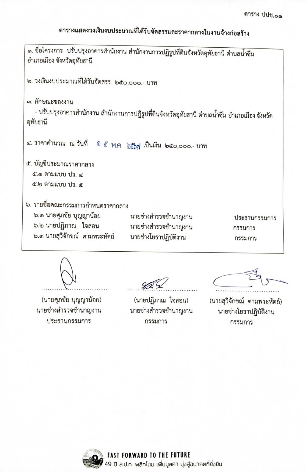ตารางแสดงวงเงินงบประมาณที่ได้รับจัดสรรและราคากลางในงานจ้างก่อสร้าง โครงการปรับปรุงอาคารสำนักงาน สำนักงานการปฏิรูปที่ดินจังหวัดอุทัยธานี ตำบลน้ำซึม อำเภอเมือง จังหวัดอุทัยธานี