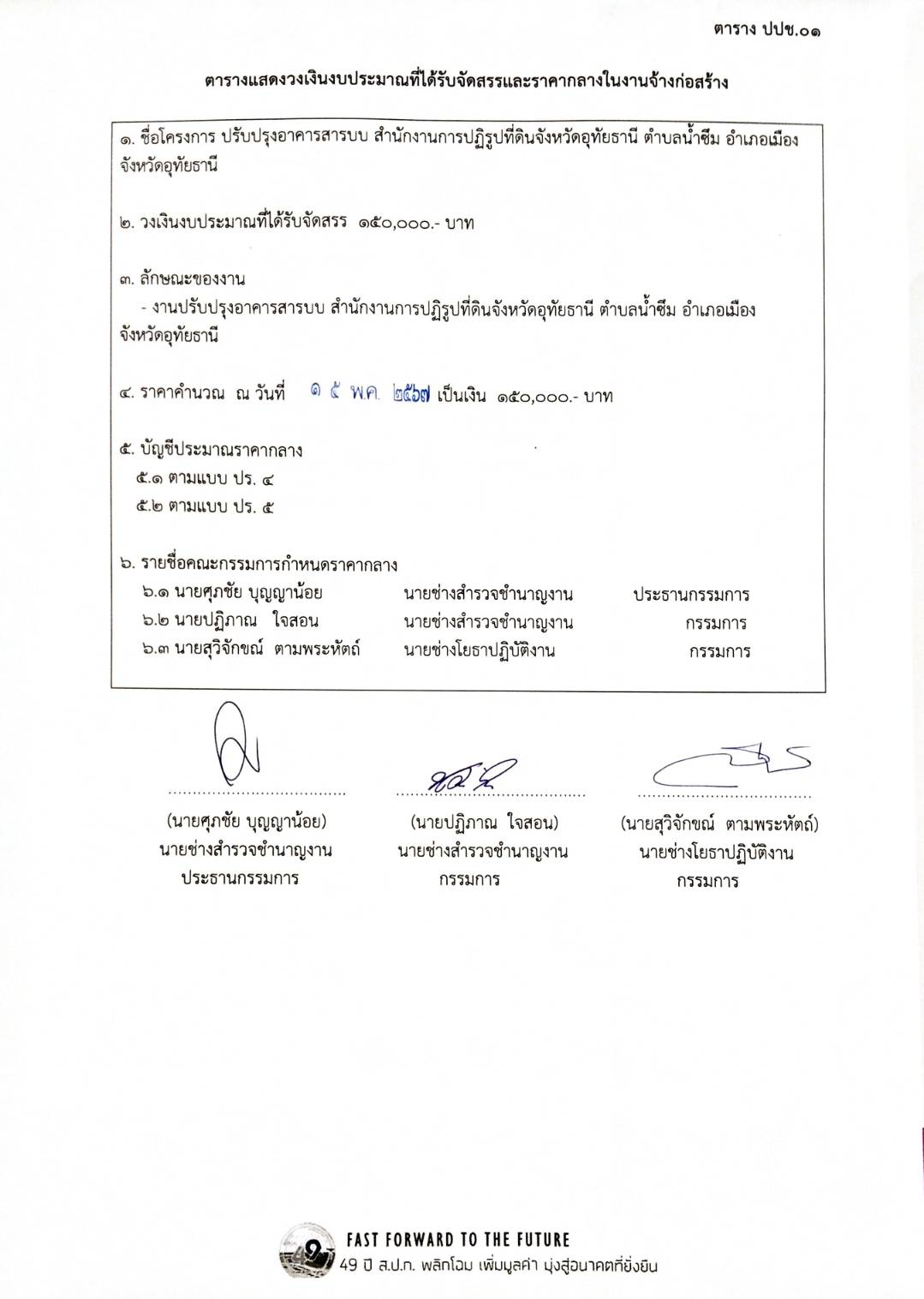 ตารางแสดงวงเงินงบประมาณที่ได้รับจัดสรรและราคากลางในงานจ้างก่อสร้าง โครงการปรับปรุงอาคารสารบบ สำนักงานการปฏิรูปที่ดินจังหวัดอุทัยธานี ตำบลน้ำซึม อำเภอเมือง จังหวัดอุทัยธานี